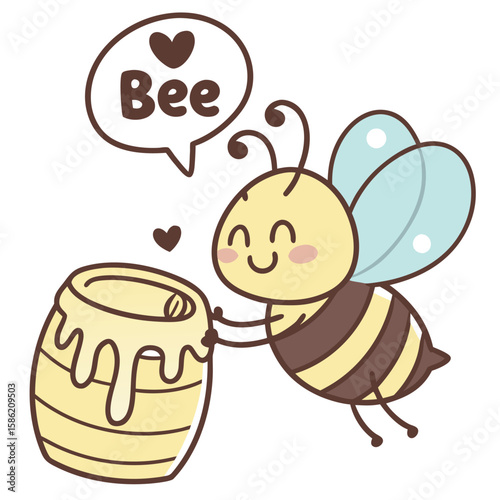 A charming bee lovingly embraces a dripping honey barrel in a sweet cartoon