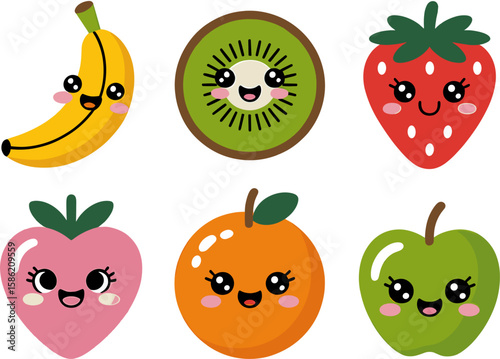 Playful Fruits Set. Vector Illustration Featuring Cheerful Faces in a Simple Style