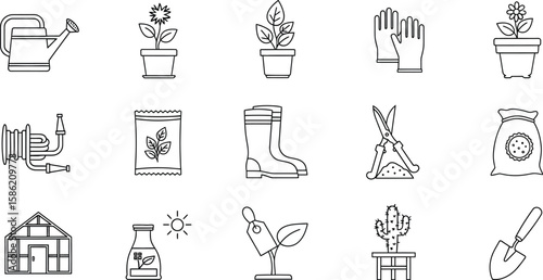 Vector art of this vector graphic features a collection of gardening tools and equipment icons isolated on white background, including watering cans, plants, and shovels