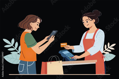 man and woman. digital shopping  Women transfer money to smart phone. Girl friends contact by Connect two devices, wallet, cashless. Concept of payment system. Cartoon flat vector illustration