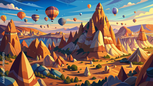 Cappadocia, Göreme, Turkey – Fairy chimneys scatter across rocky valleys. Early morning hot air balloons float silently above the magical terrain of Cappadocia, ideal for a whimsical vector creation.
