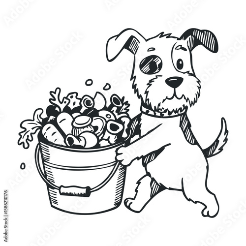 Playful cartoon dog collecting toys in bucket black and white drawing. Hand drawn vector illustration