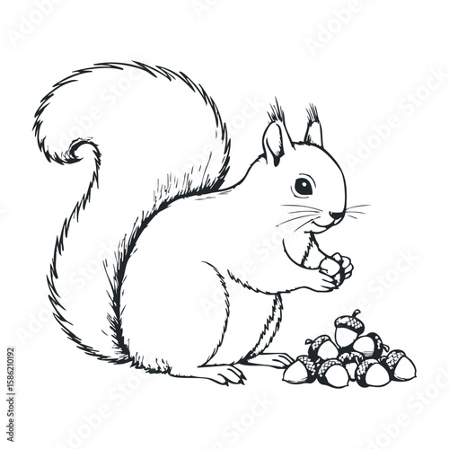 Black and white sketch of squirrel with acorns in a classic style. Hand drawn vector illustration