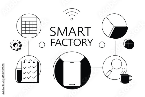 Smart factory concept illustration with connected icons including tablet gear schedule checklist and wifi
