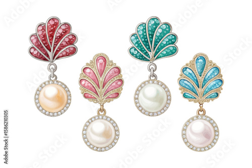 set of watercolor Timeless Pearl Stud Earrings Pure Elegance vector illustration isolated on white background
