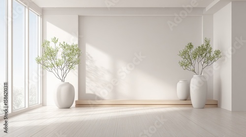Modern minimalist room with large windows and elegant potted plants for decor.