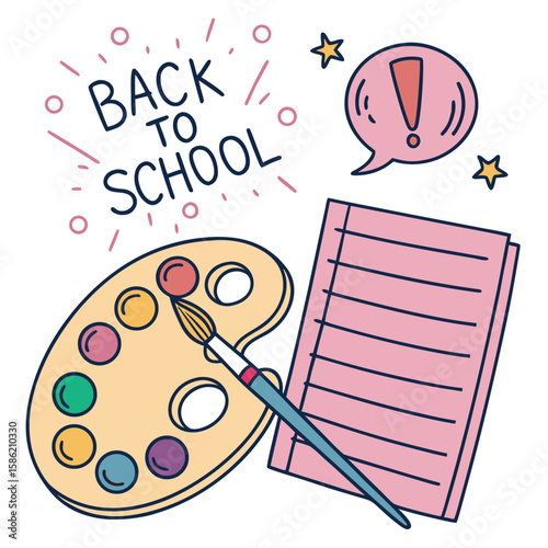 Back to school stationery including a paint palette, brush, paper pad and speech bubble