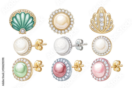 set of watercolor Timeless Pearl Stud Earrings Pure Elegance vector illustration isolated on white background