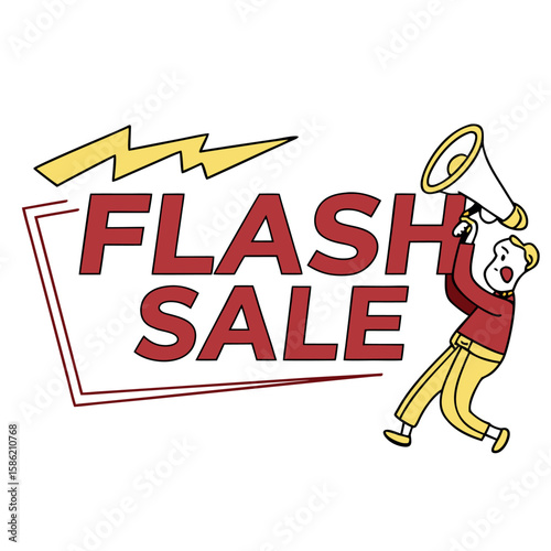 Cartoon Caucasian man enthusiastically announces a flash sale using a megaphone and bright lettering