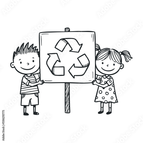 Young caucasian children holding recycling sign in black and white drawing. Hand drawn vector illustration