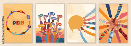Diversity inclusion equality template with raised hands group teamwork unity people concept