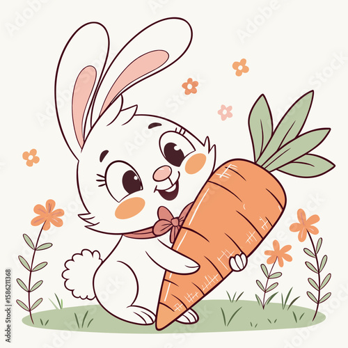 Cheerful cartoon bunny hugs a large carrot amidst a grassy meadow, flowers abound