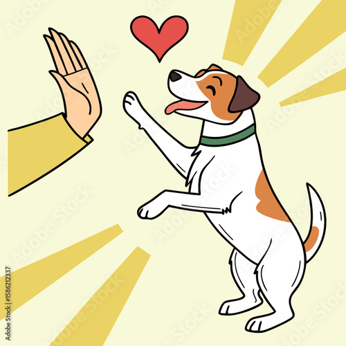 Happy tan and white dog reaches for a high five near red heart