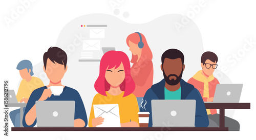 Diverse group of remote workers collaborate on laptops, fostering a dynamic work-from-home environment with a focus on productivity and seamless digital interaction.