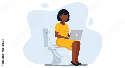 An illustration depicts a Black woman working remotely from home, utilizing a laptop while seated on a toilet, highlighting the modern work-from-home lifestyle.