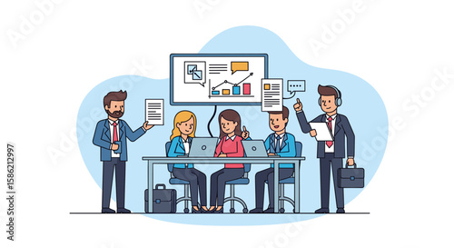 Diverse professionals collaborate on a business project, discussing data and strategy in a modern office setting with digital displays.