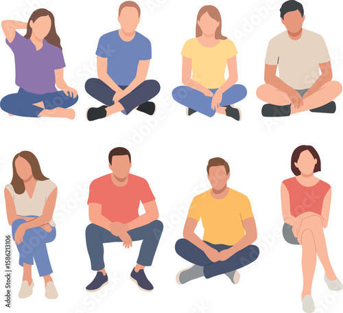 Men and a women sitting on a bench, different colors, cartoon character, group silhouettes of business people, students, on white background