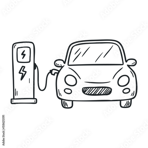 Electric car charging sketch: eco-friendly vehicle with charging station illustration. Hand drawn vector illustration