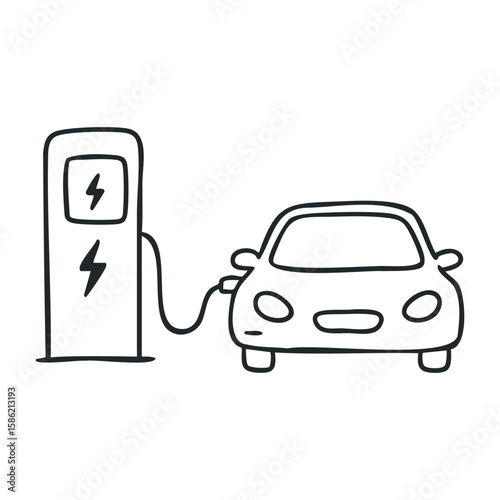 Electric car charging at station line art with simple minimalist style. Hand drawn vector illustration