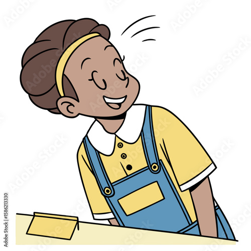 Smiling little girl with brown hair wearing overalls looks forward with happiness
