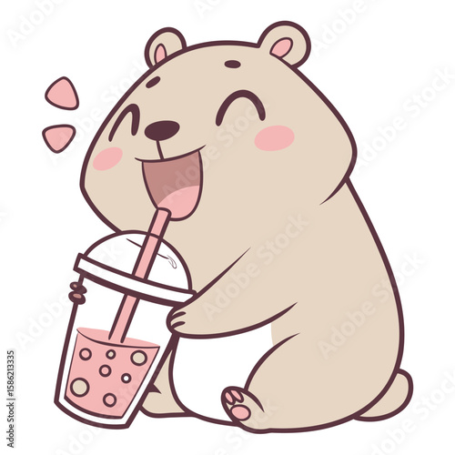 Smiling cartoon bear is drinking bubble tea with a straw, isolated on white