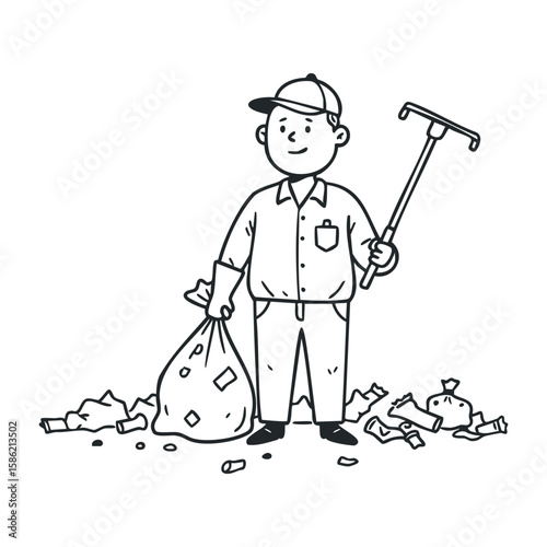 Cartoon drawing of male sanitation worker: young adult asian man cleaning with rake and trash bag. Hand drawn vector illustration
