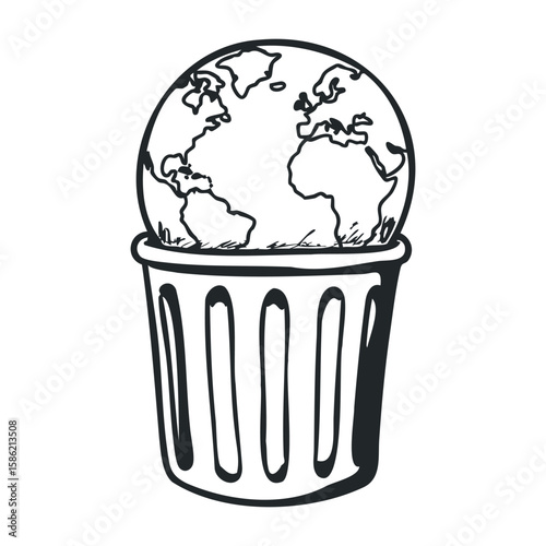 Earth in trash can symbolizing environmental concerns and sustainability issues. Hand drawn vector illustration