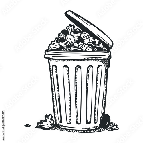 Black and white sketch of a full trash can with lid open and overflowing garbage. Hand drawn vector illustration