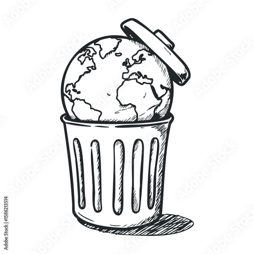 Earth in trash can drawing reflecting environmental concerns and global pollution issues. Hand drawn vector illustration