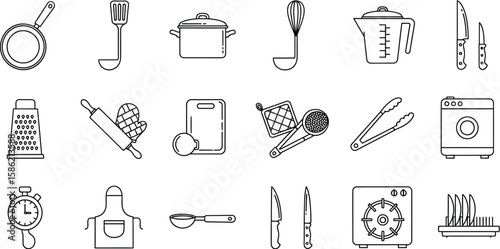 Vector art of a variety of kitchen utensils and appliances are illustrated in a minimalist style, perfect for culinarythemed designs, isolated on white background