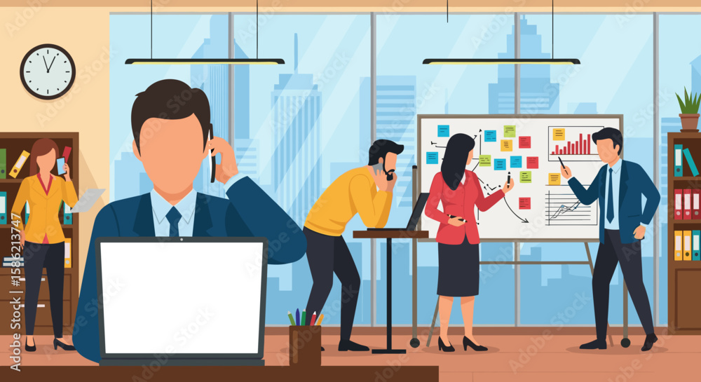 Fototapeta premium A team of diverse business professionals collaborates effectively in a busy, modern open-plan office environment, showcasing teamwork and productivity.