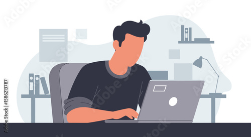 An illustration depicts a remote worker diligently working on a laptop at home, showcasing the modern work-from-home lifestyle and digital nomadism trend.