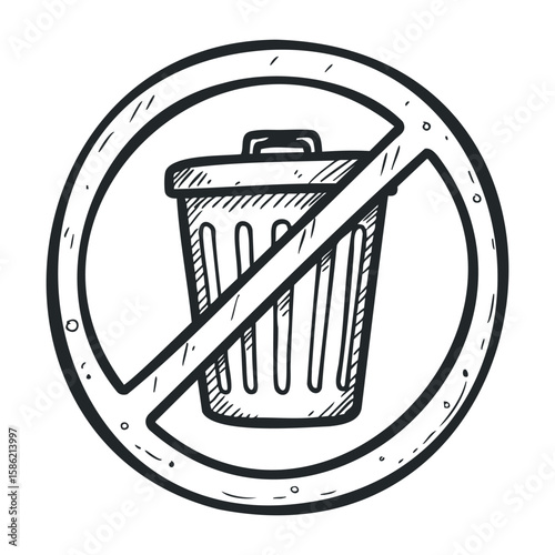 No littering sign with trash can in prohibition circle drawing. Hand drawn vector illustration