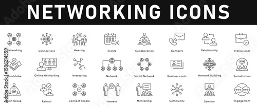 Networking Icons vector illustration with thin line editable stroke containing network connection, relationship, social network, events, community, online meeting, contact, groups, seminar, engagement