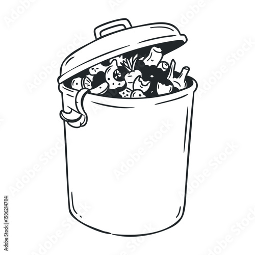 Overflowing trash can with waste items and lid partially open. Hand drawn vector illustration