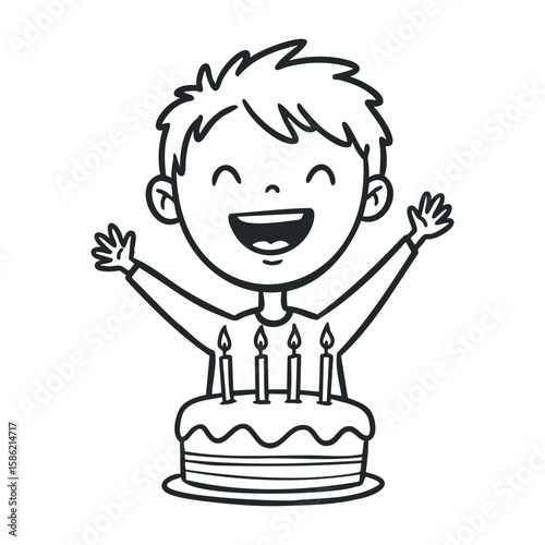 Happy young caucasian child celebrating birthday with cake and candles, line art style. Hand drawn vector illustration
