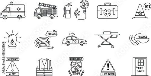 Vector art of a set of emergency and rescue icons, featuring an ambulance, fire extinguisher, and first aid kit, isolated on white background