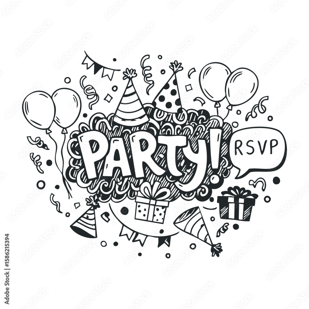Obraz premium Fun party doodle with balloons, hats, and confetti celebrations. Hand drawn vector illustration