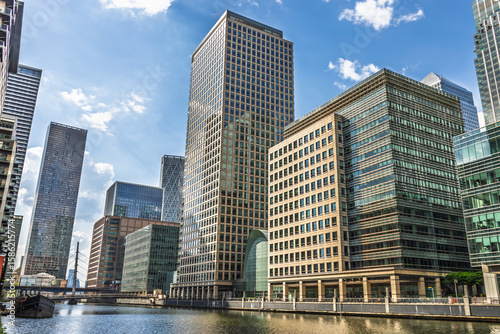Canary Wharf London waterfront skyline with modern glass office towers