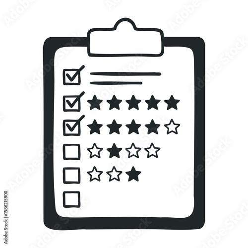 Hand-drawn checklist with rating stars on clipboard. Hand drawn vector illustration