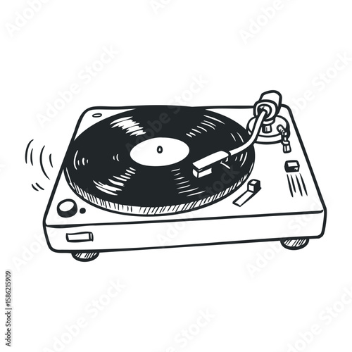 Vintage vinyl record player sketch with spinning turntable and tonearm detail. Hand drawn vector illustration