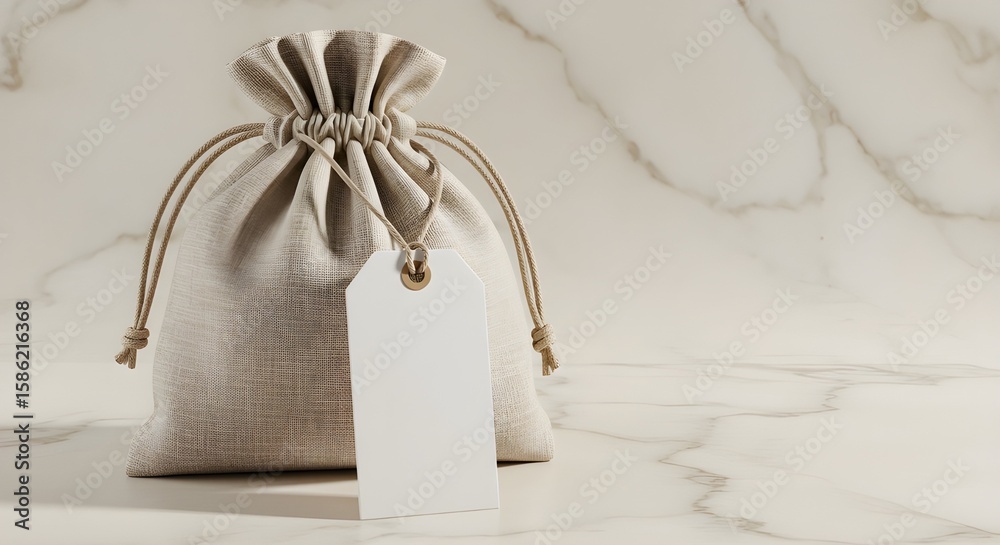 Fototapeta premium Linen Drawstring Pouch with Blank Label Tag on Marble Table