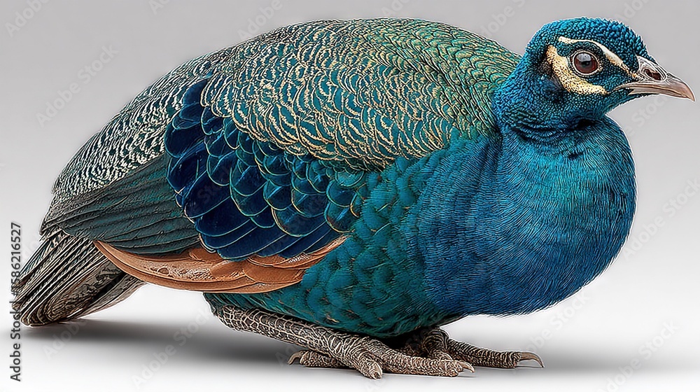 Obraz premium A blue and green bird perched on a white floor beside a white wall against a gray backdrop