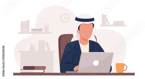 An illustration depicts a man in traditional Arab attire working diligently on a laptop at his desk, showcasing a blend of culture and modern technology.