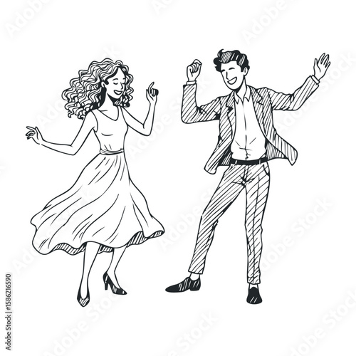 Energetic young caucasian couple dancing with joyful expressions. Hand drawn vector illustration