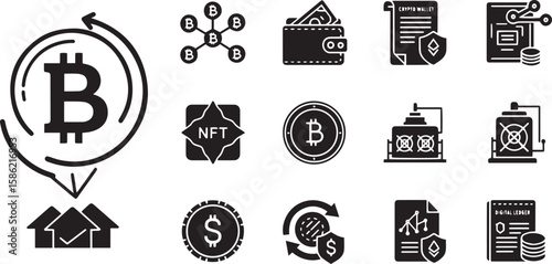 Collection of cryptocurrency and blockchain technology icons representing digital finance