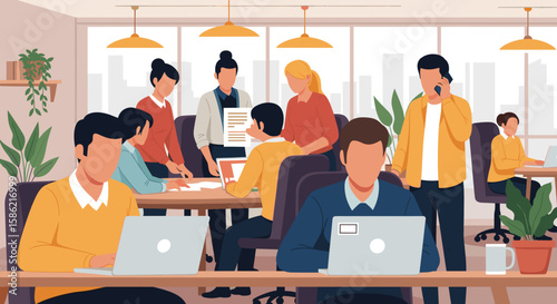 Diverse group of colleagues working together in a modern, bright office, collaborating on projects and utilizing laptops in a bustling, collaborative environment.