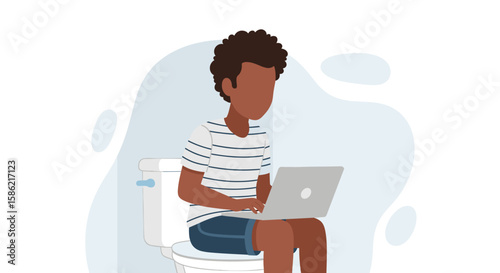 An illustration of a young Black male using a laptop while sitting on a toilet, depicting a modern lifestyle and remote work concept.
