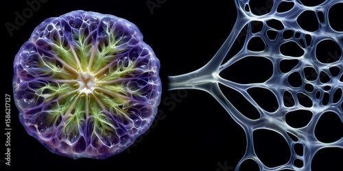 surreal hybrid fruit created through genetic fusion half blueberry, half lime, perfectly symmetrical with glowing genetic veins