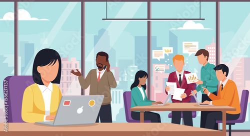 Diverse business professionals collaborate and work productively in a modern, open-plan office with a city view.